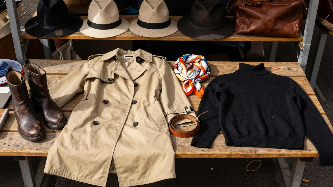 A curated Parisian wardrobe on a wooden bench at a flea market: trench coat, boots, scarf, and turtleneck in soft sunlight.
