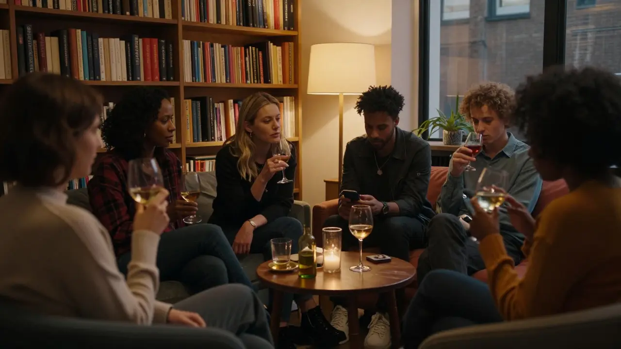 A diverse group of people sharing quiet conversation in a warm, book-filled London flat.