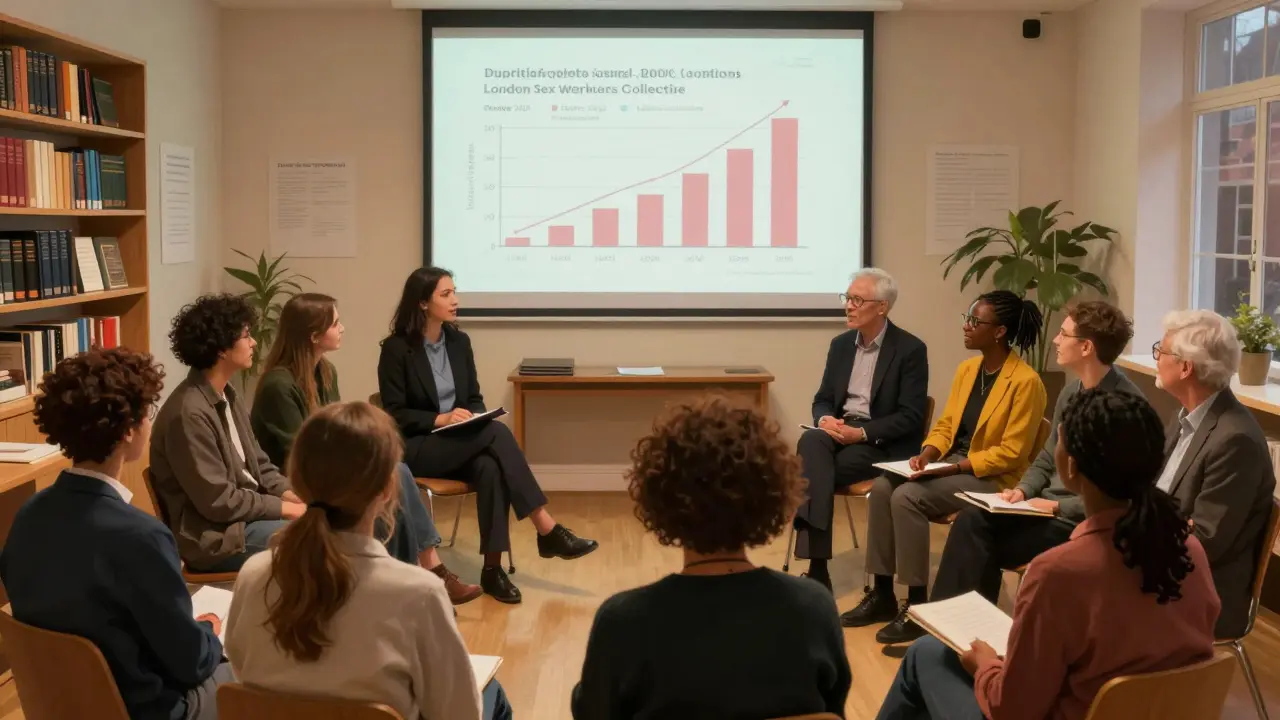 A diverse London crowd listens to a speaker about sex work rights in a community center, with a graph showing growing public support.