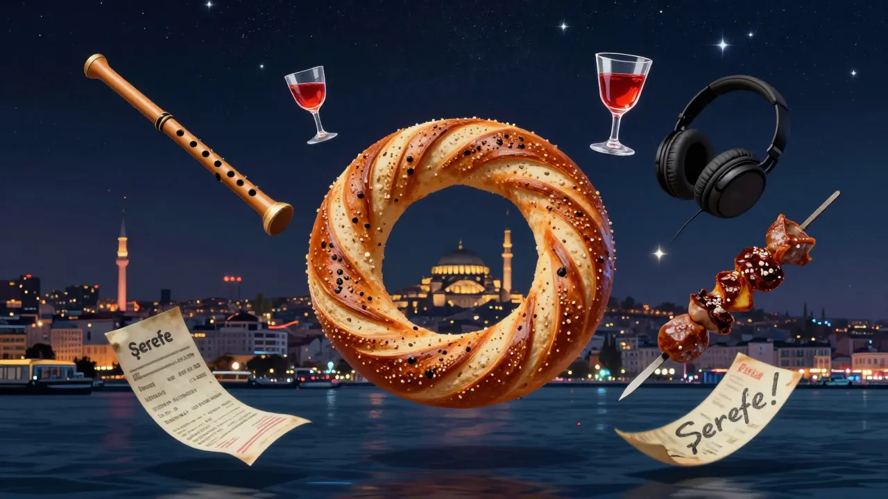 A floating simit surrounded by symbols of Istanbul’s nightlife — music, drink, food, and connection.