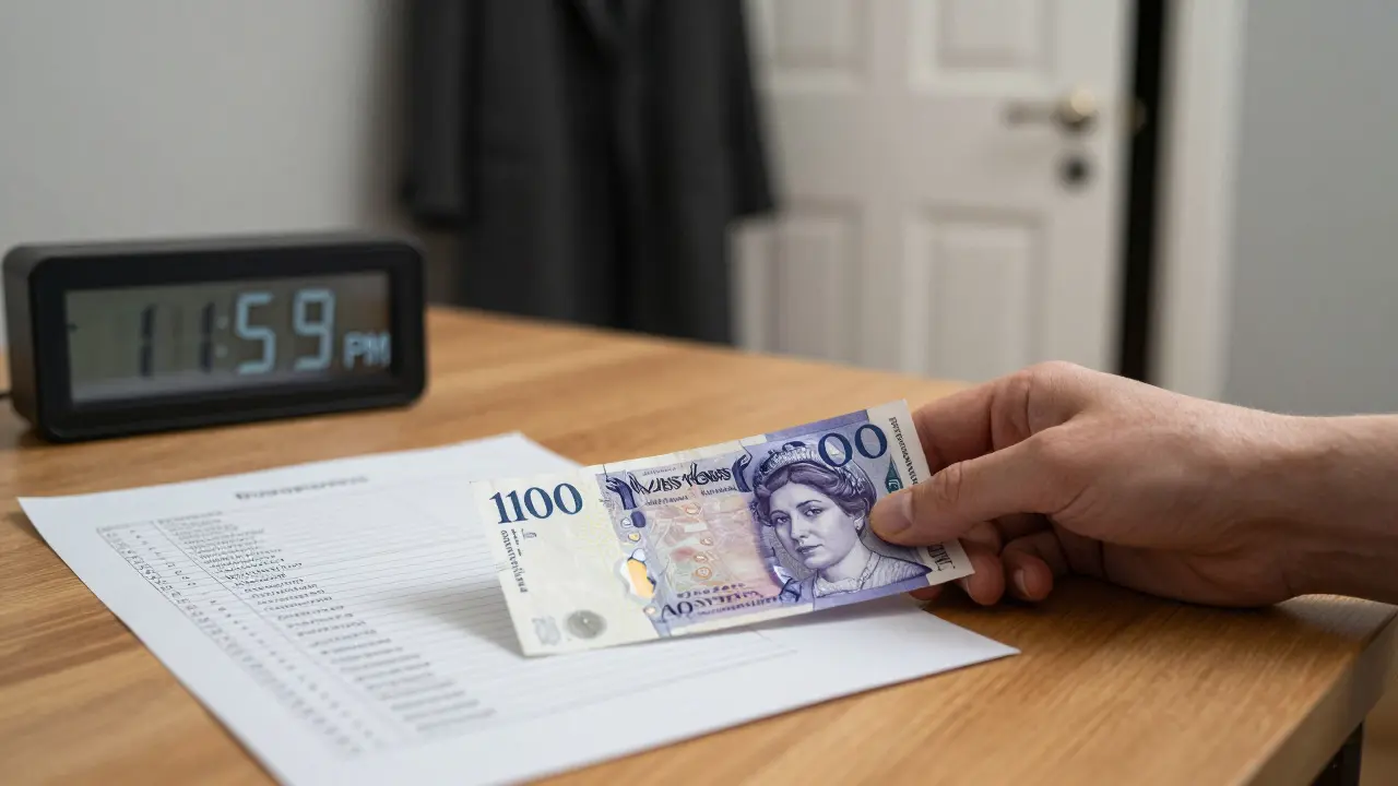 A £100 note on a table beside a printed boundary list and a closing clock, with a door slightly open — silence and respect in the aftermath.