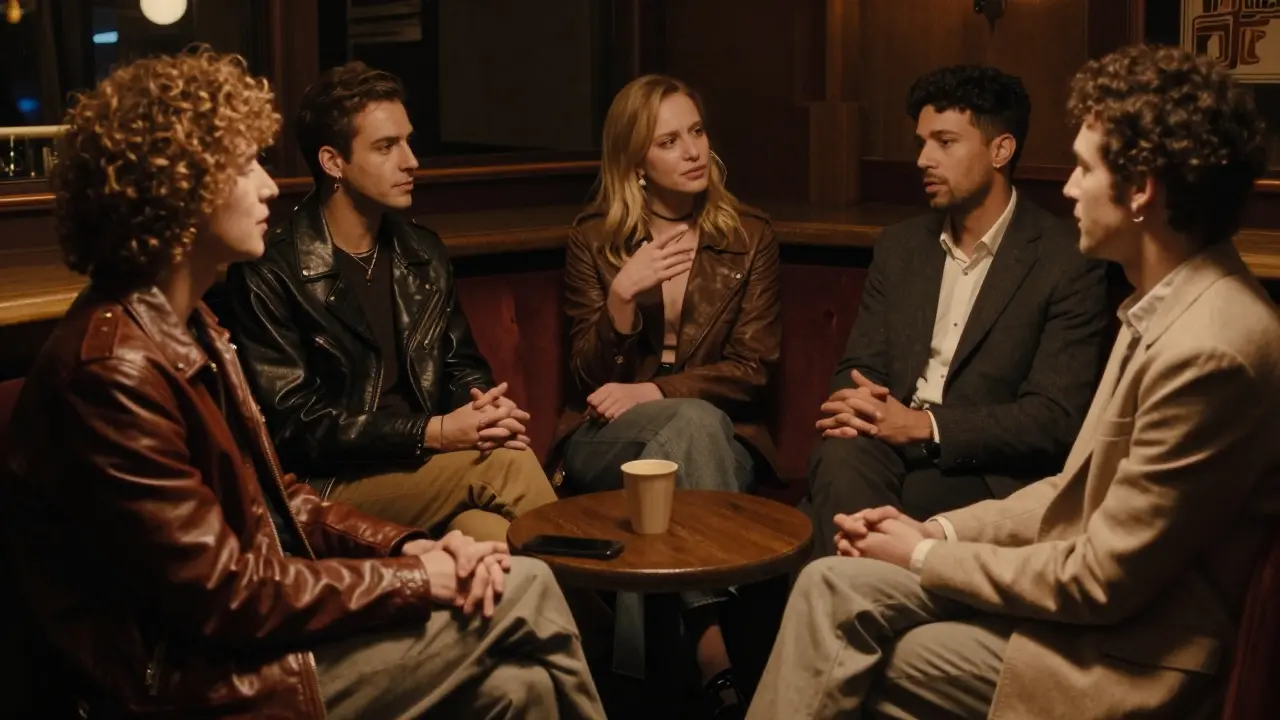 A group of stylish individuals converse in a dim Berlin jazz bar at night, exuding quiet confidence and cultural depth.