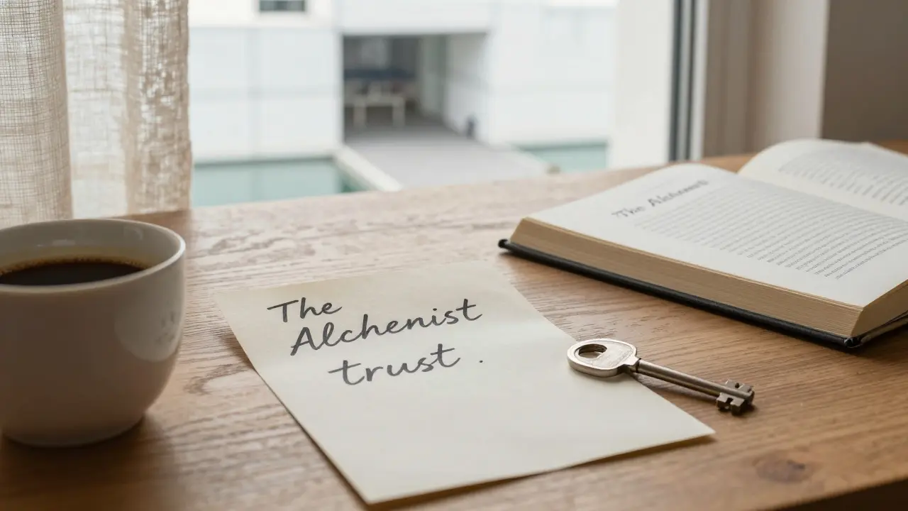 A handwritten note beside a coffee cup and open book, with a museum visible through a window.