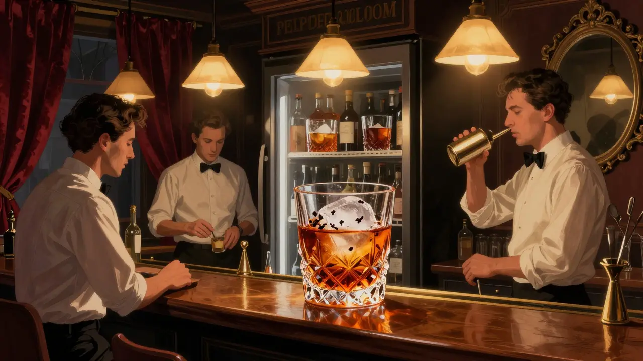 A hidden bar behind a fridge door where mixologists craft smoky cocktails in a dim, cozy room.