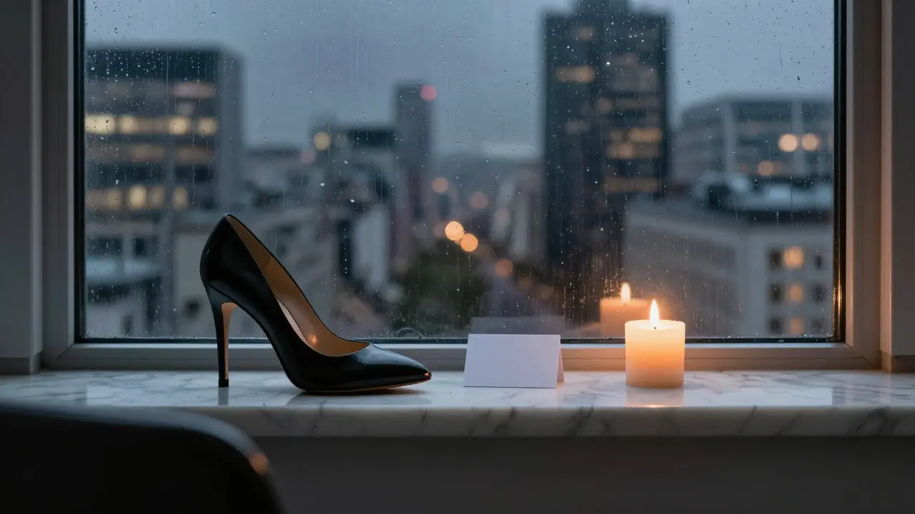 A high-heeled shoe and business card on a windowsill overlooking Berlin at night, candlelit.