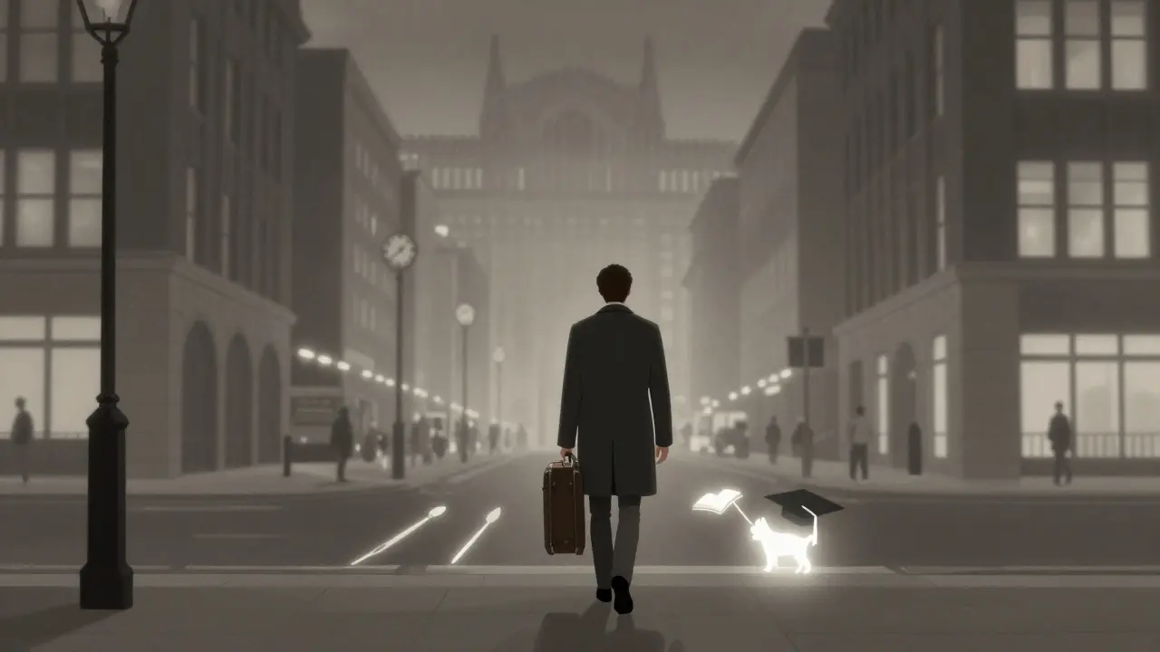 A lone figure walking away from rigid office buildings toward symbols of personal freedom.