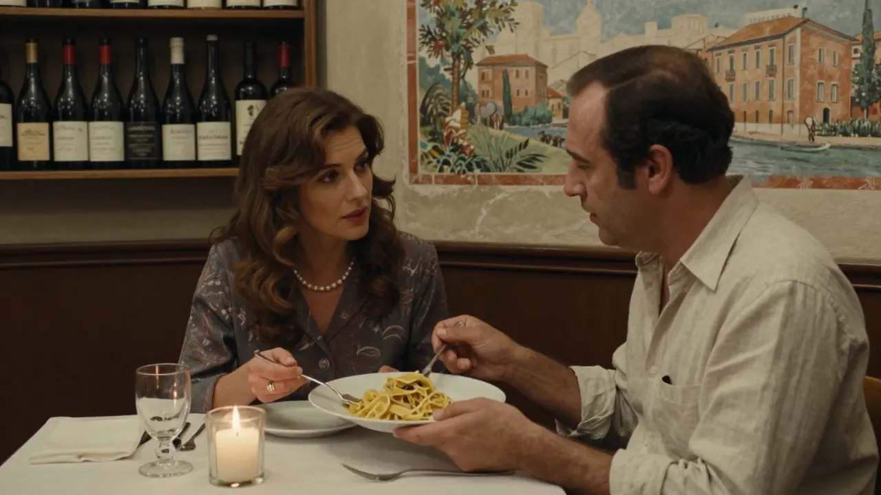 A man and woman enjoying an intimate dinner at a hidden Milan trattoria by candlelight.
