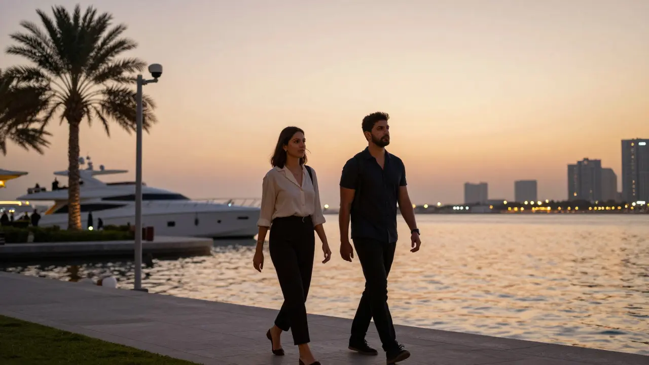 A man and woman walking peacefully along Dubai Marina at sunset, reflecting the skyline, no physical contact.