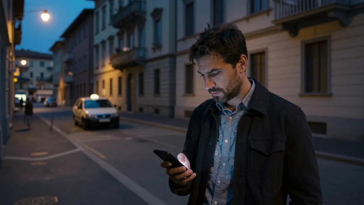 A man checks a GPS address on his phone outside a Milan residential building at night, taxi nearby.