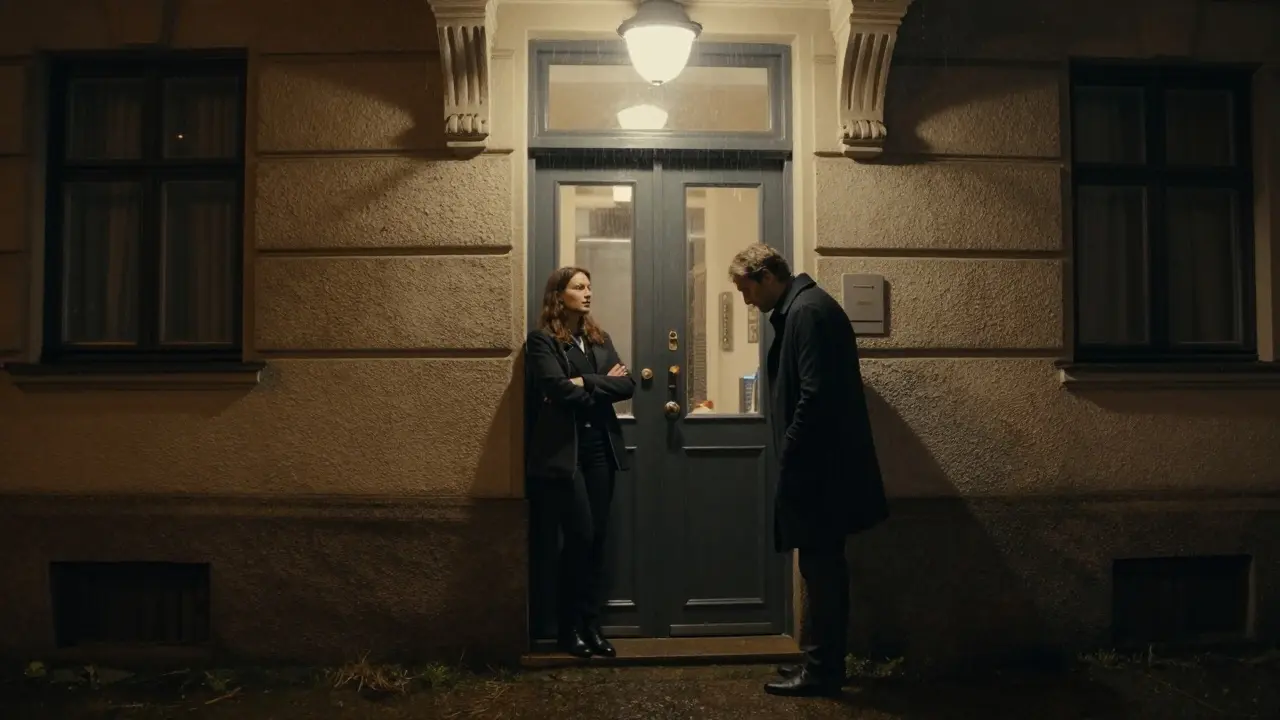 A man leaving respectfully as an escort watches from a Berlin apartment doorway.