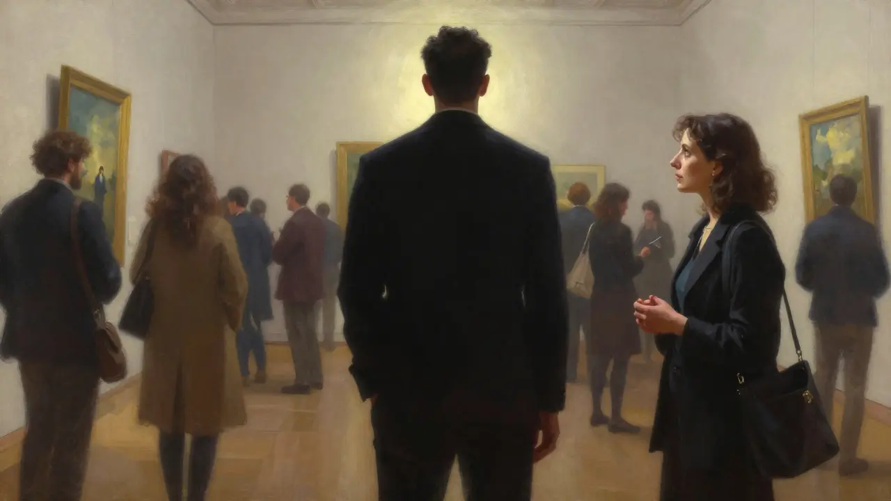 A man standing taller beside a poised companion in an art gallery, radiating newfound confidence.
