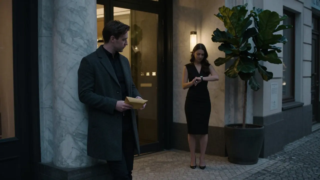 A man waits discreetly in a high-end Berlin hotel lobby, the atmosphere silent and secure.