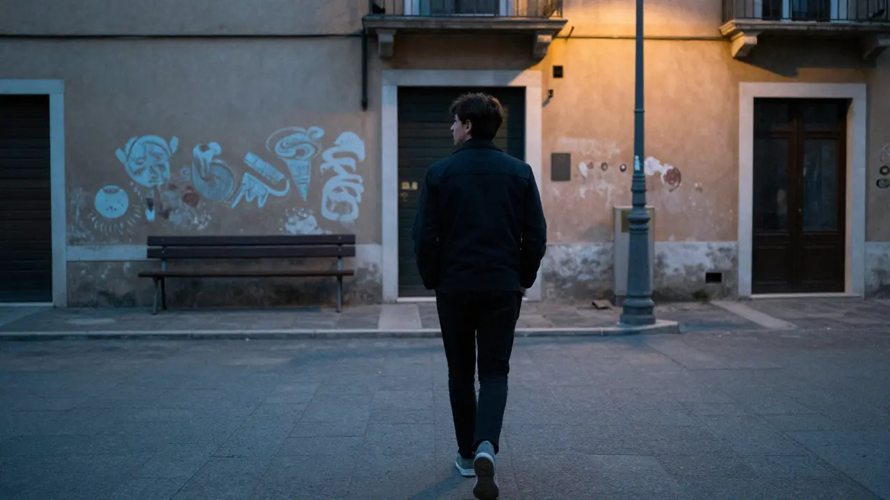 A man walking away from a quiet Milan courtyard at dusk, leaving with quiet grace.