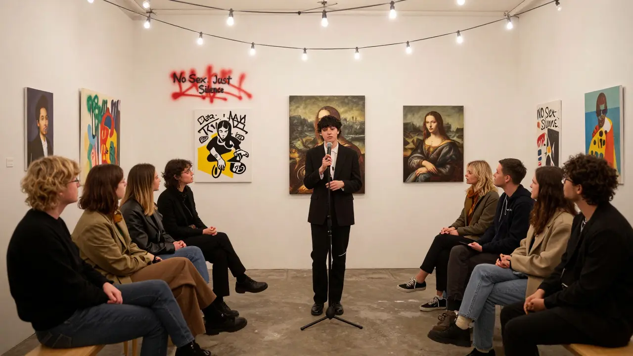 A non-binary performer hosts a quiet poetry reading in an art-filled Shoreditch space, guests seated in respectful silence.