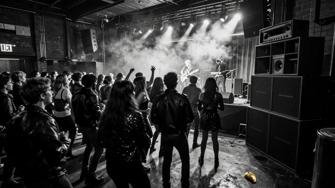 A packed concert venue at night with dancers under strobe lights and a live band on stage.
