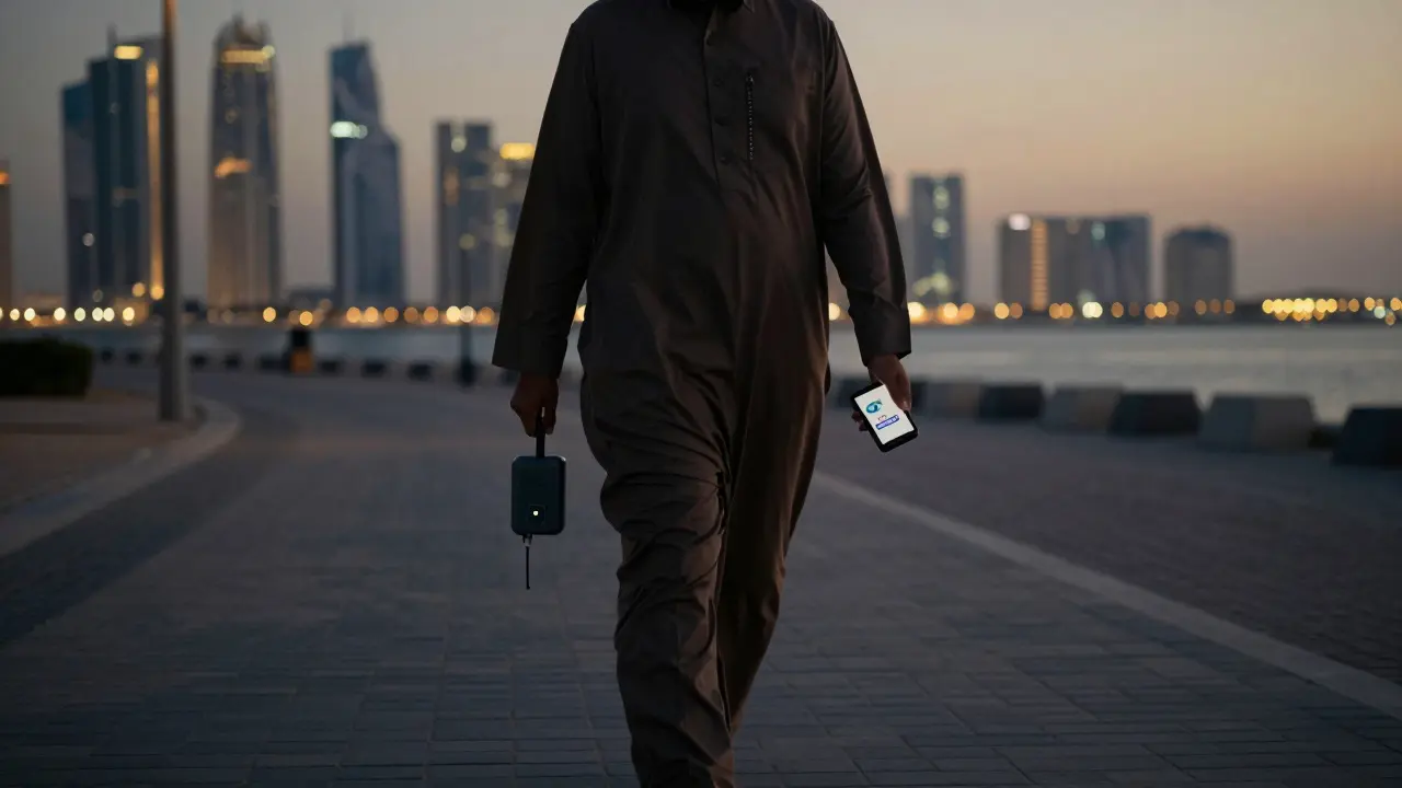 A person walking alone along the Corniche at dusk with a phone showing a ride app.