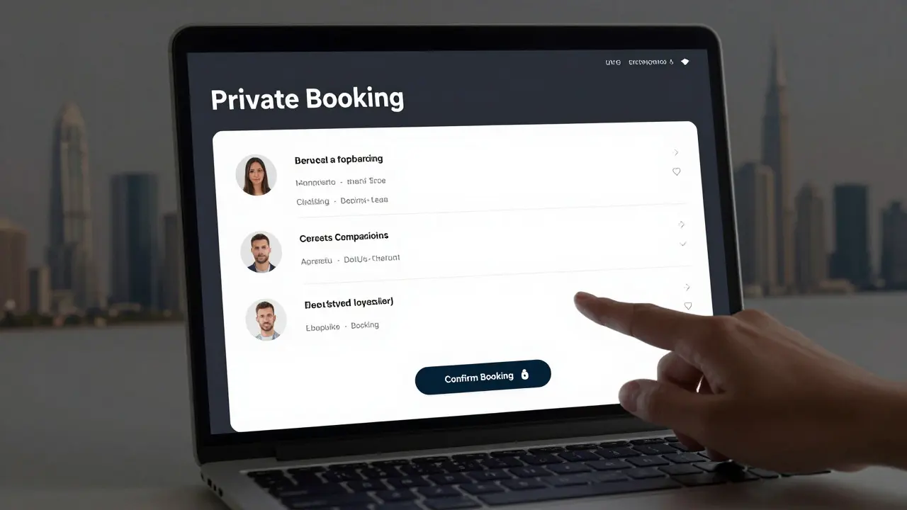 A private booking portal displays text-only companion profiles on a laptop screen, emphasizing privacy and secure verification.
