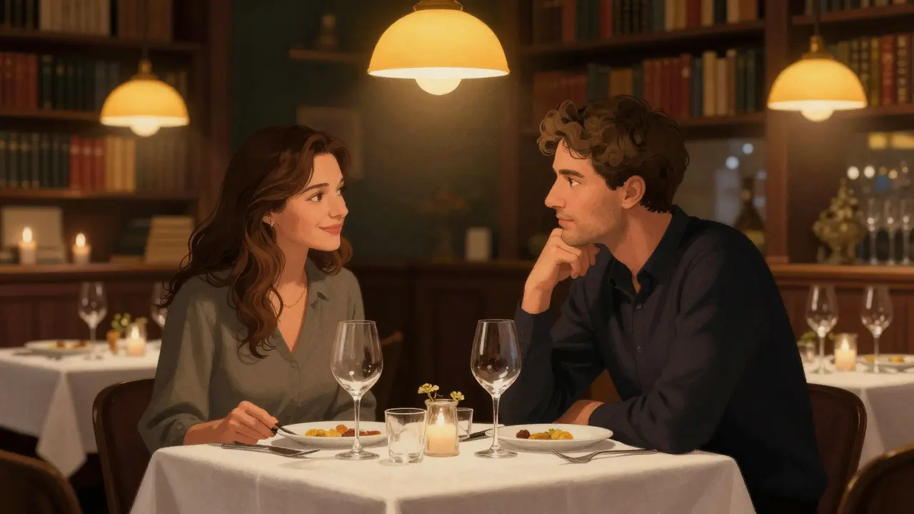 A private dinner in a cozy Berlin bistro with warm lighting and fine dining details.