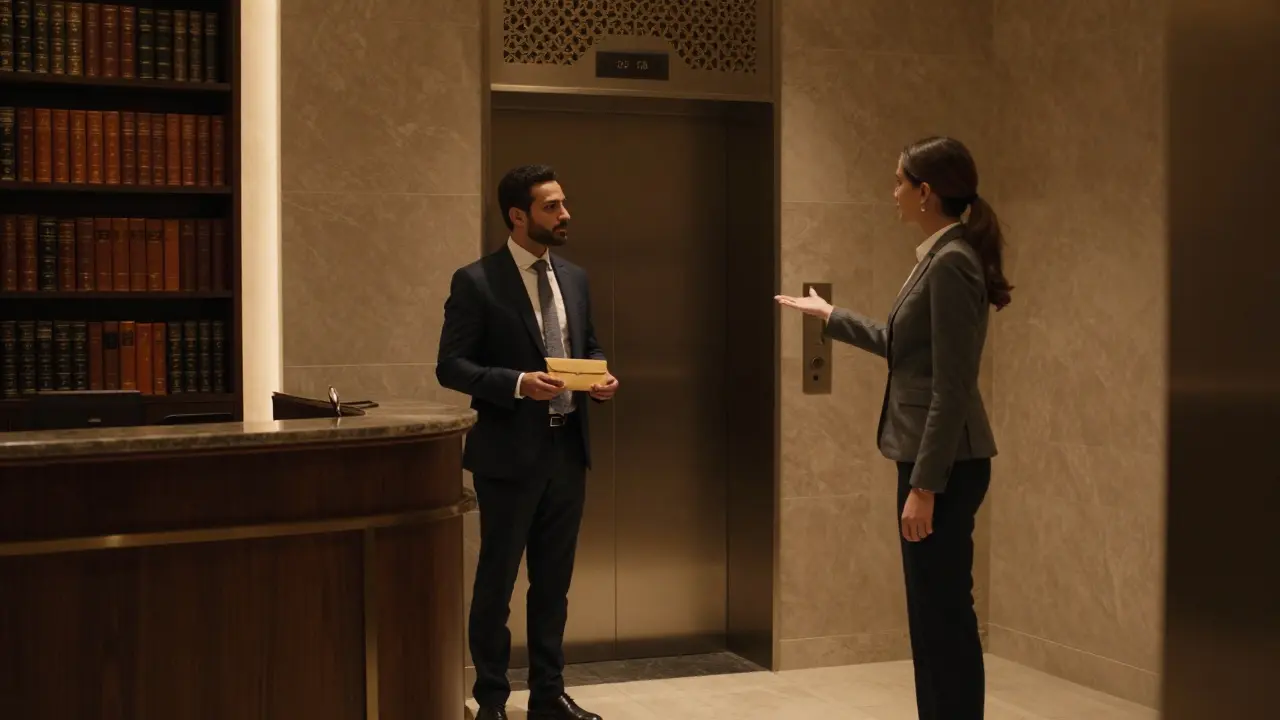 A professional agency lobby in Dubai with muted lighting, a man holding an envelope as a receptionist gestures toward an elevator.