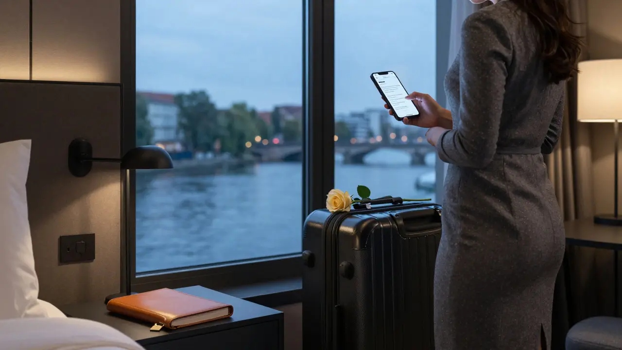 A professional escort in a Berlin hotel room, looking at a message on her phone with a rose nearby.