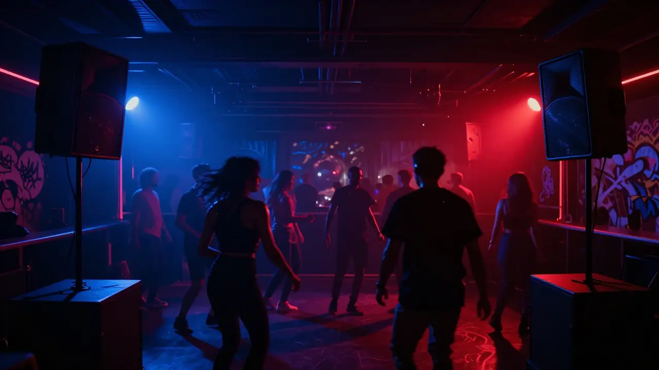 A pulsing nightclub at night with silhouetted dancers and vibrant bass-lit sound systems.