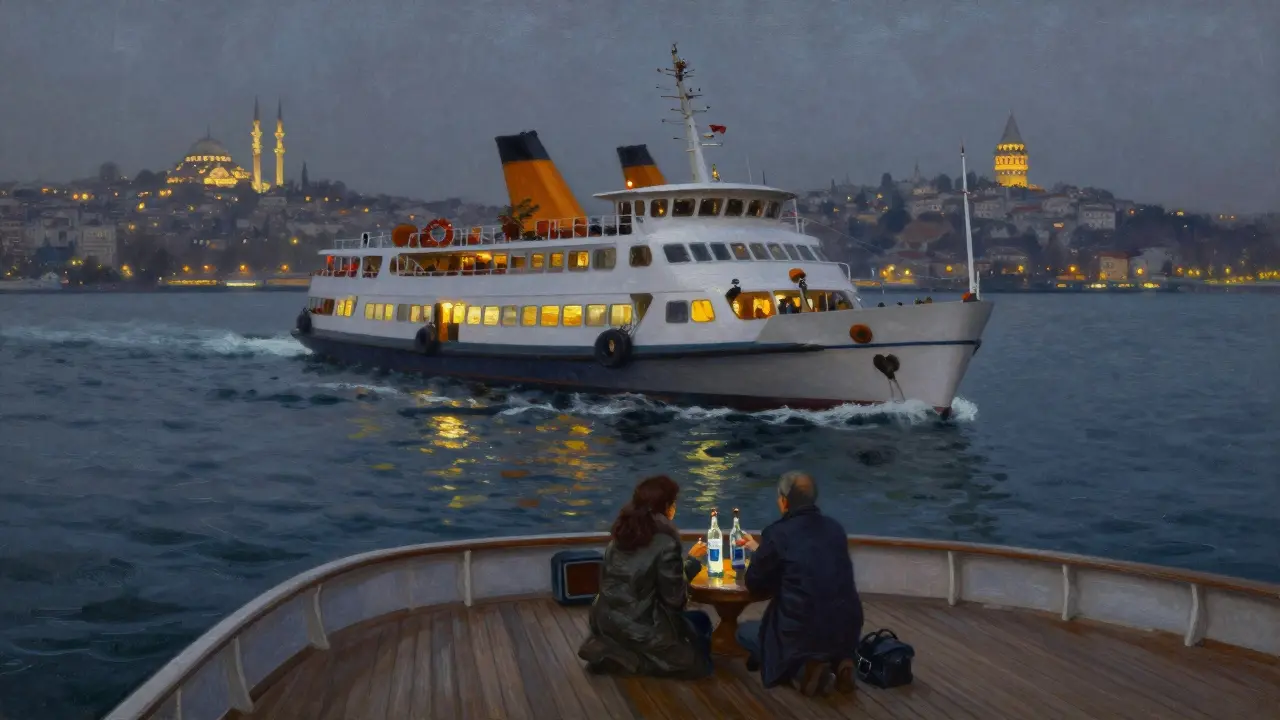 A quiet Bosphorus ferry at midnight with a couple sharing raki as city lights reflect on the water.