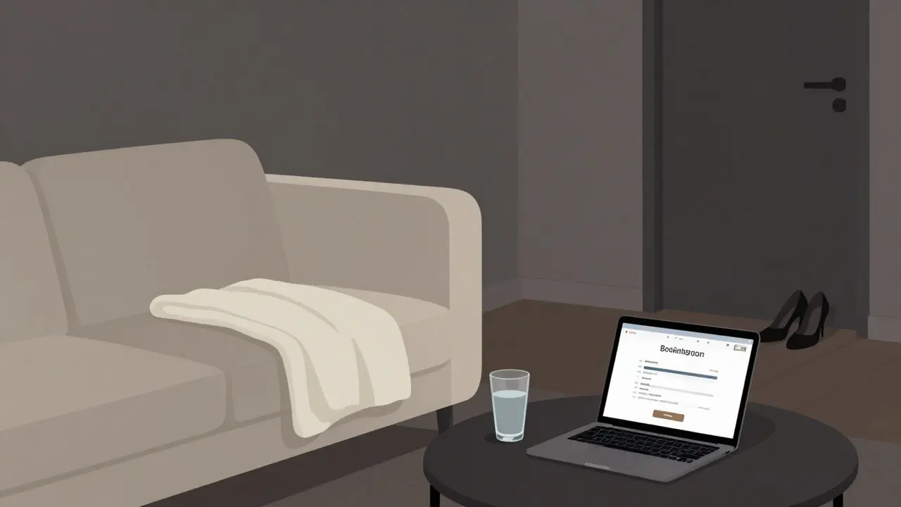 A quiet, empty London room with a folded blanket, water glass, and shoes by the door — symbolizing a professional encounter concluded.