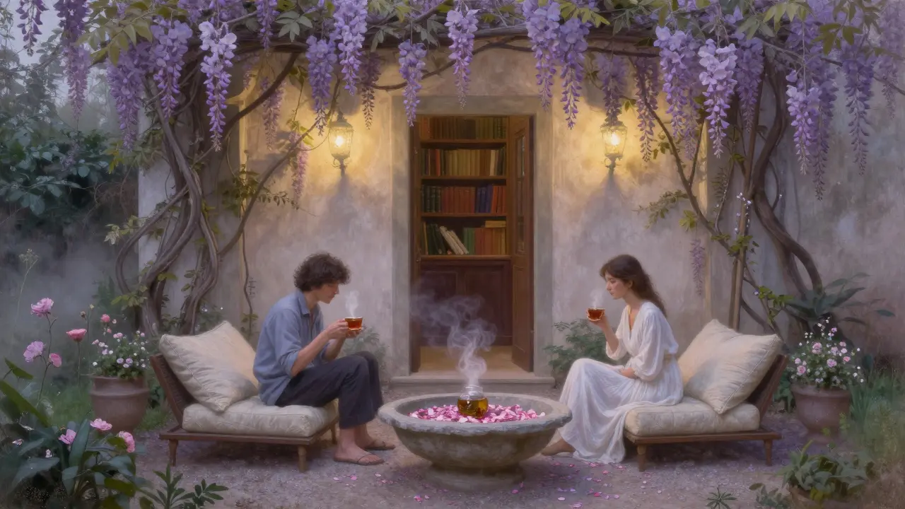 A quiet garden nook at dusk with two people sharing tea, rose petals in a stone basin, and wisteria vines overhead.