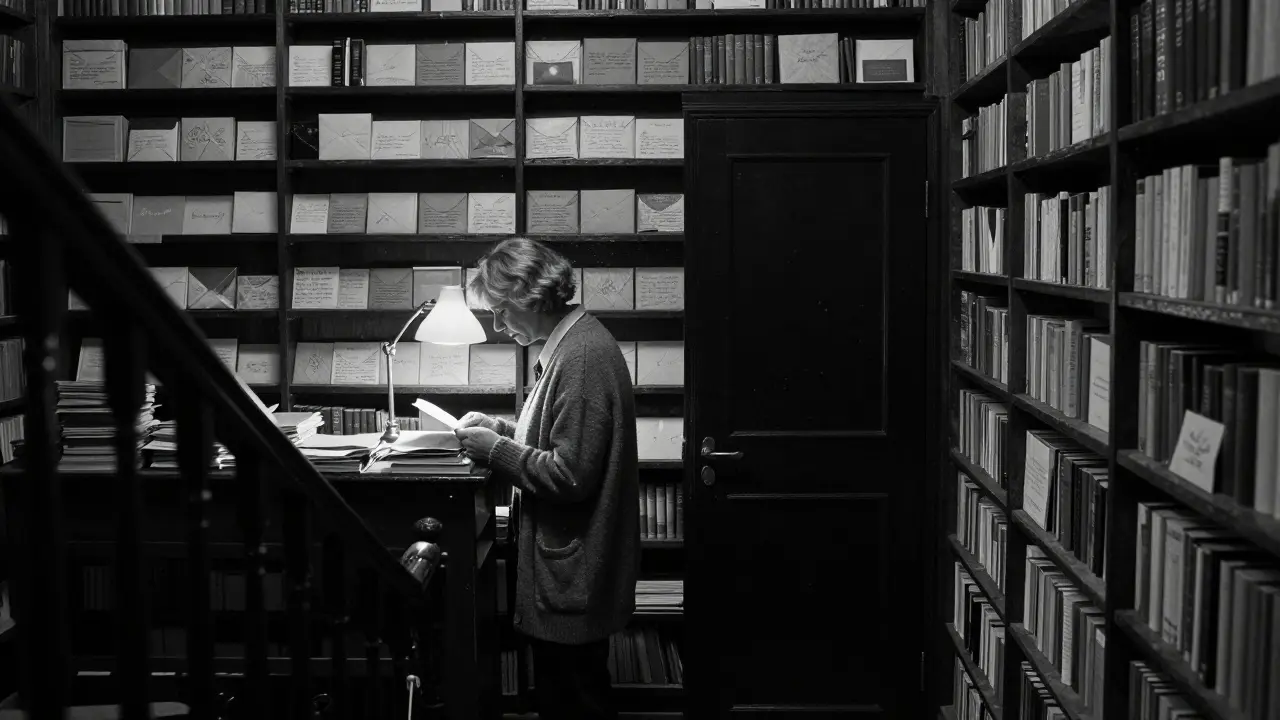 A quiet library with shelves of sealed letters, lit by a single lamp as a reader sits with an elderly librarian.