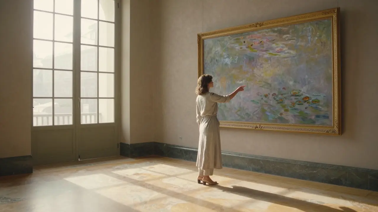 A refined companion and guest viewing Monet&#039;s paintings in the empty Musée d&#039;Orsay at dawn.