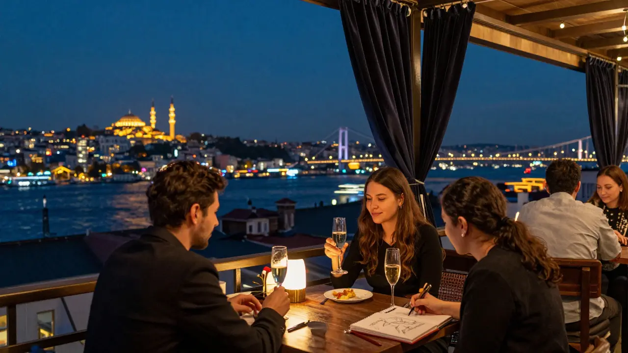 A rooftop bar overlooking Istanbul’s skyline at night with guests enjoying drinks and views.