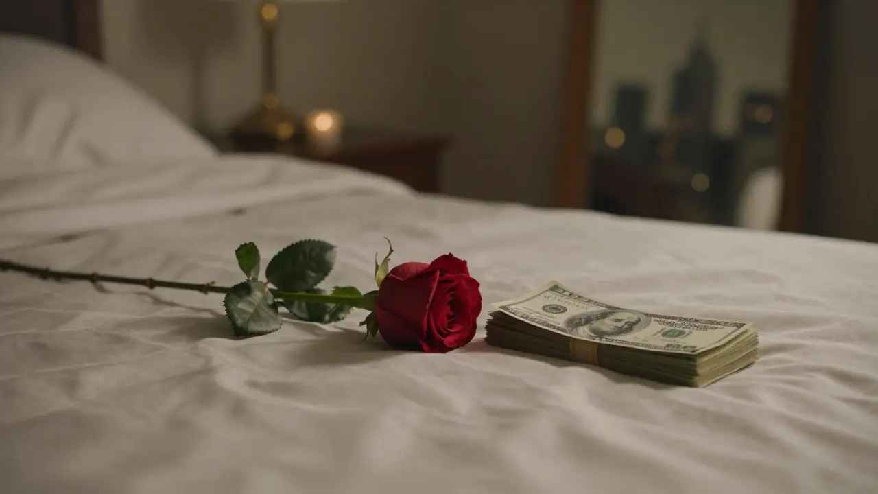 A rose and folded bills on a bedsheet, symbolizing dignity and quiet appreciation.
