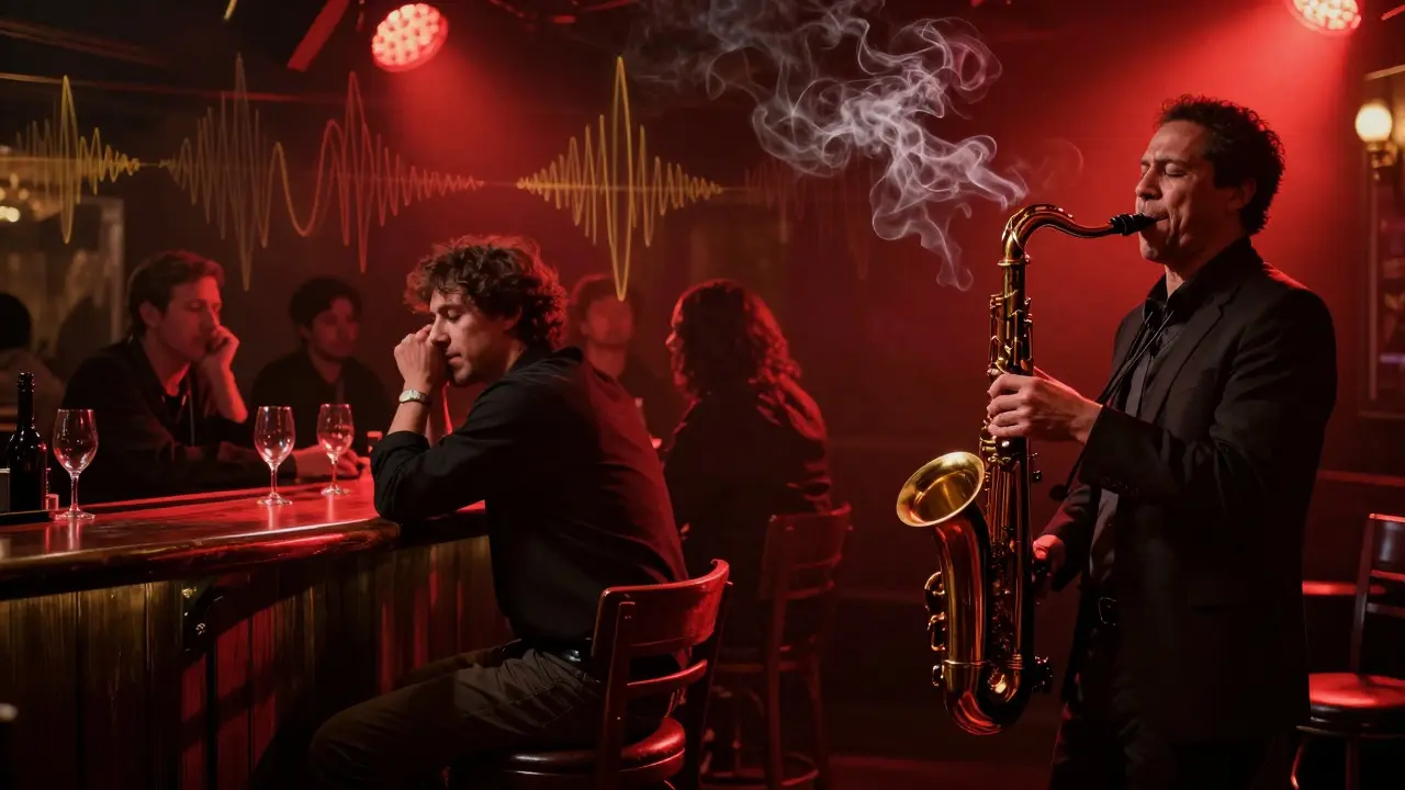 A saxophonist playing in dim red light at New Morning, audience in shadow, sound waves visible as golden ripples in the air.