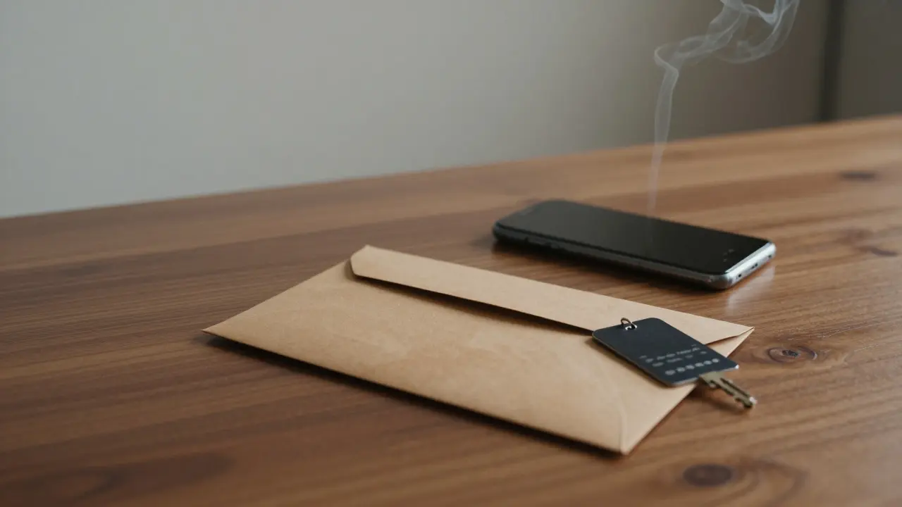 A sealed envelope and hotel keycard on a wooden table, symbolizing a discreet farewell.