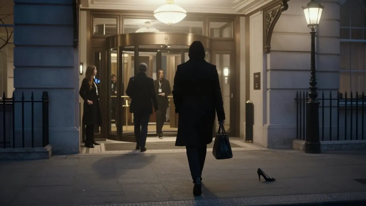A shadowy figure walks away from a luxury hotel in Mayfair at twilight, a single high heel left behind on the wet pavement.