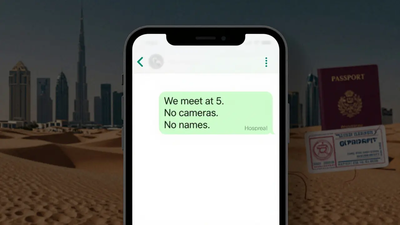 A smartphone displays a secretive WhatsApp message, with Dubai’s skyline fading into darkness in the background.