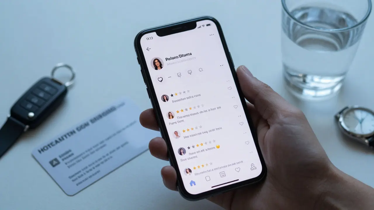 A smartphone showing authentic reviews with a hotel keycard and glass of water nearby.