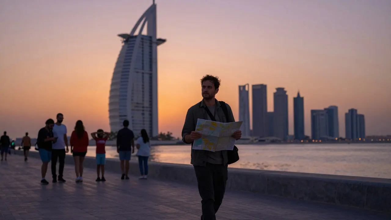 A solitary traveler walks along the Abu Dhabi Corniche at sunset, reflecting on genuine connection.