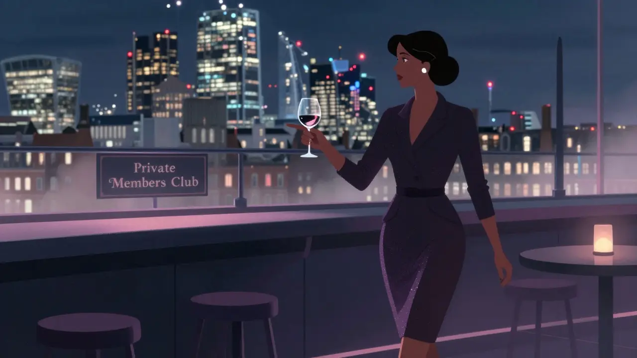 A sophisticated woman at a hidden London rooftop bar, city lights glowing behind her at night.