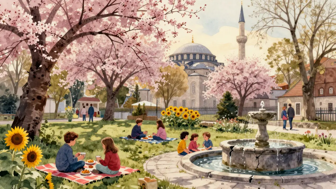 A spring garden behind a mosque filled with families, cherry blossoms, and children playing near a stone fountain.