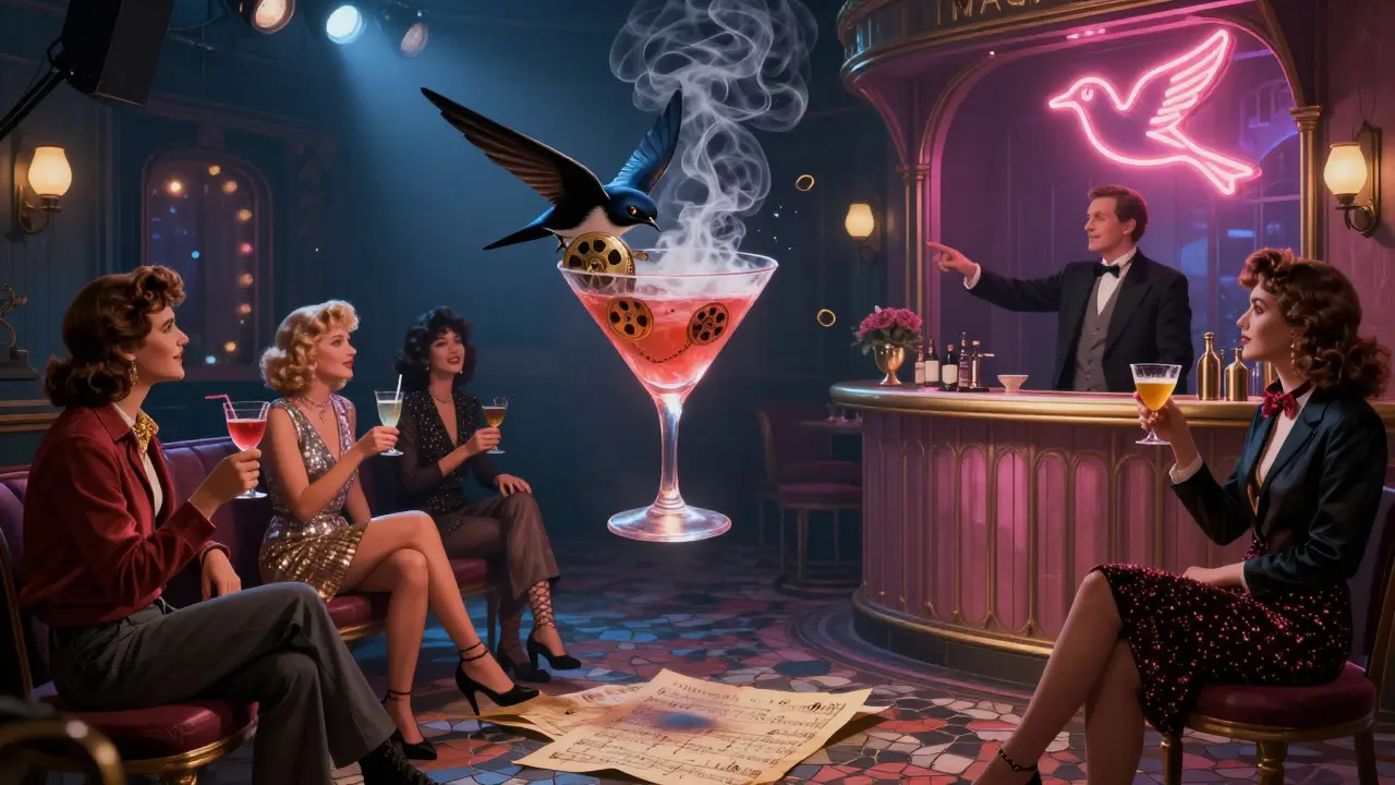 A surreal cocktail bar where vintage eras blend, with floating drinks and neon bird signage in moody cinematic tones.