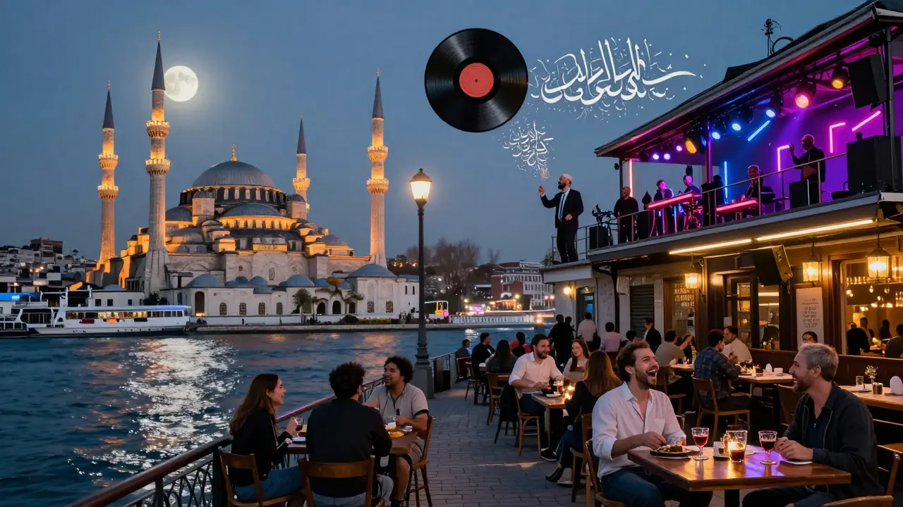 A surreal streetscape where a centuries-old mosque, a neon club, and a meyhane coexist under moonlit Bosphorus skies.