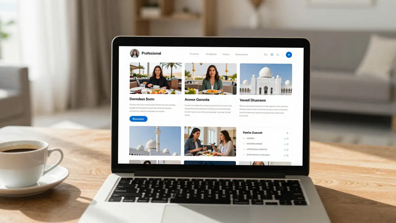 A verified escort profile on a laptop showing authentic photos and service details in a modern apartment.