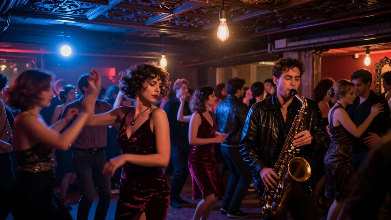 A vibrant underground dance hall at 3 a.m. with people dancing under neon lights.