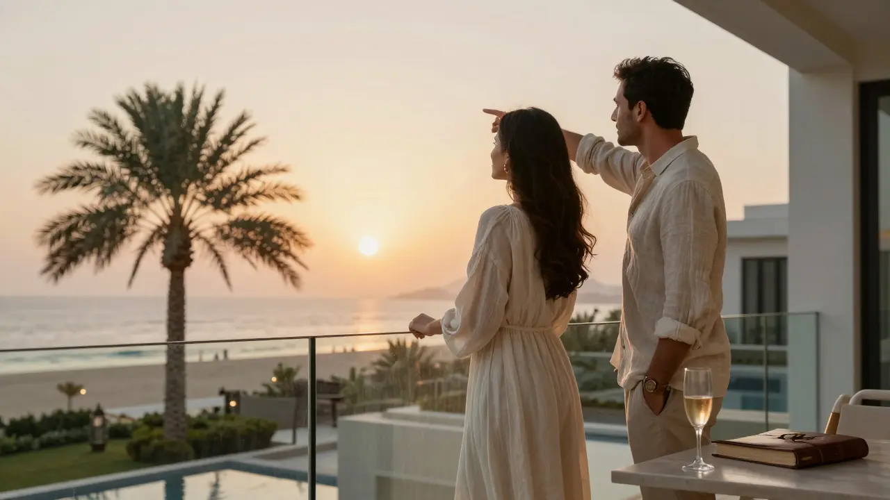 A woman and man on a sunset terrace in Jumeirah, sharing a thoughtful moment overlooking the sea.