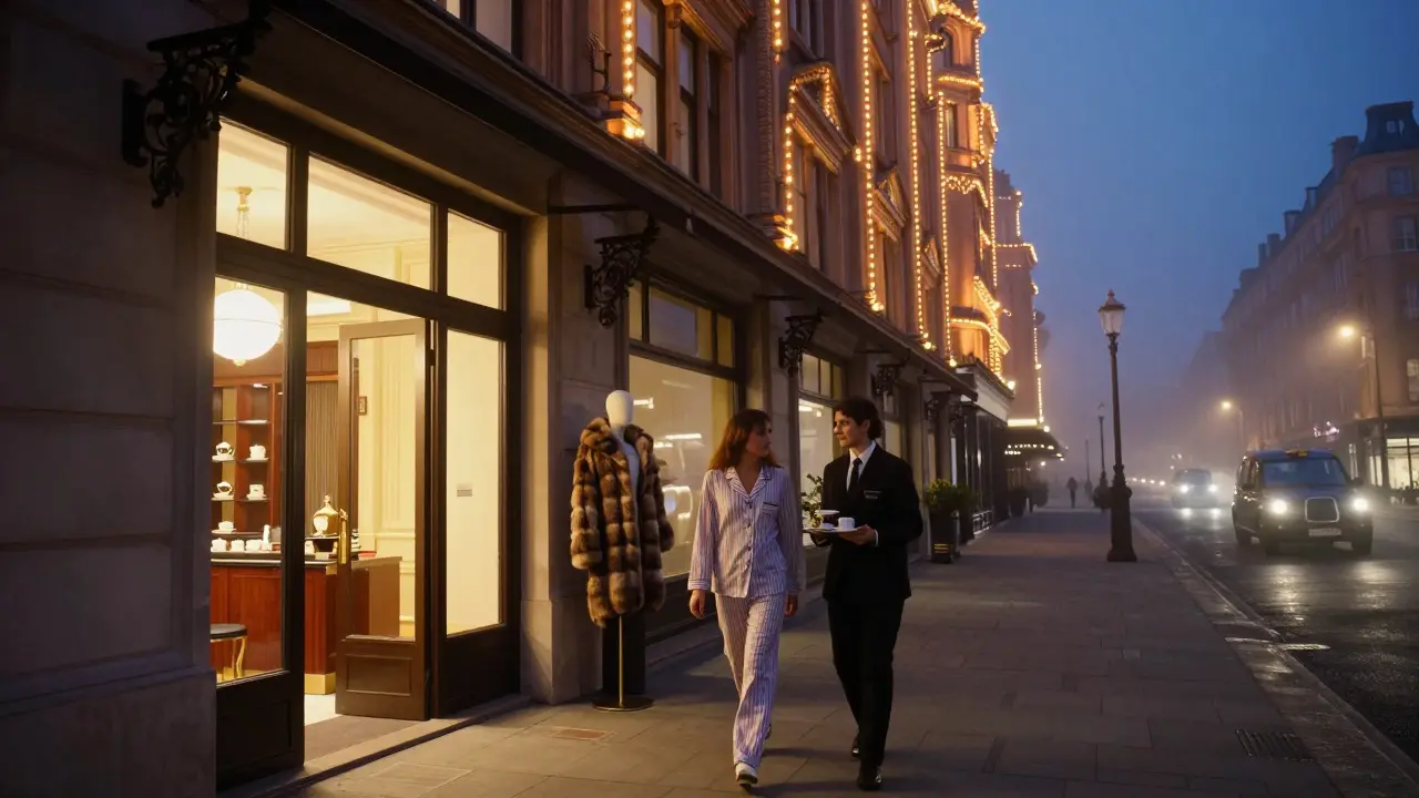 A woman in pajamas being served tea at Harrods after midnight, with a fur coat displayed nearby.
