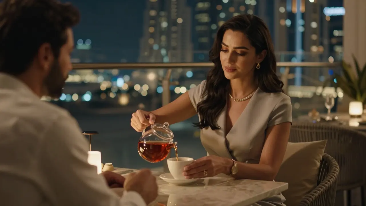 A woman pouring tea for a guest at a quiet Dubai rooftop restaurant at night.