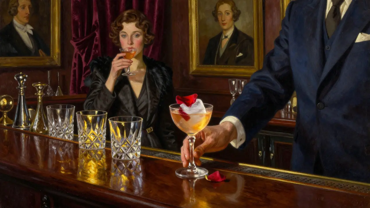 An elegant bar with a rose-petal ice cube melting in a crystal glass, surrounded by velvet drapes and golden lighting.