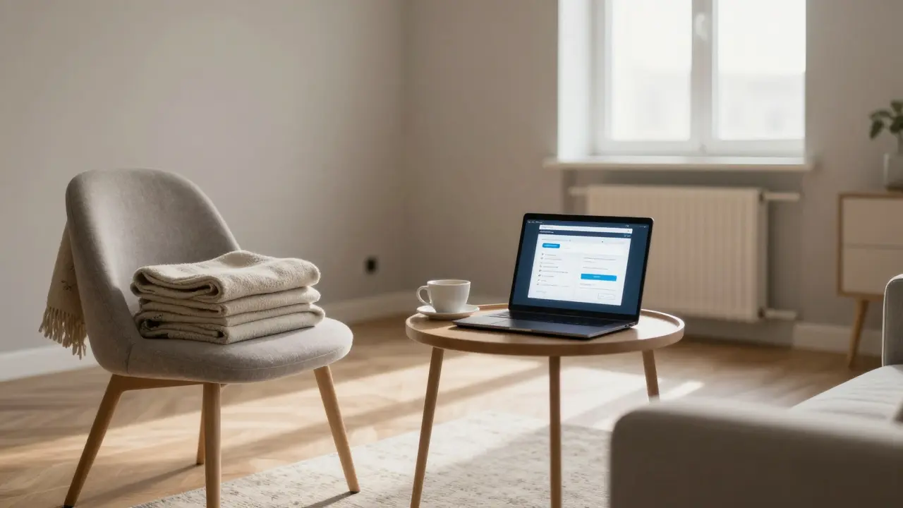An empty, tidy Milan apartment with a coffee cup and payment confirmation on a laptop, symbolizing a respectful encounter.
