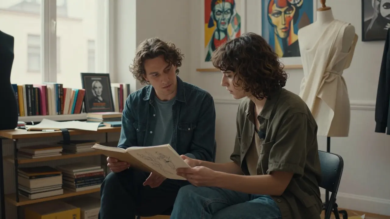 An escort and designer collaborate in a studio, reviewing fabric samples amid art books and natural light.